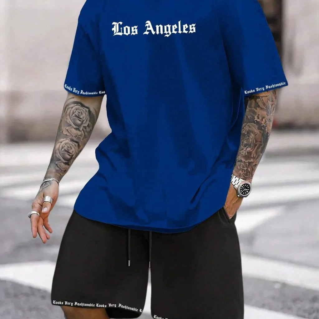 Men's grey sports short sleeve top and matching shorts set on hanger