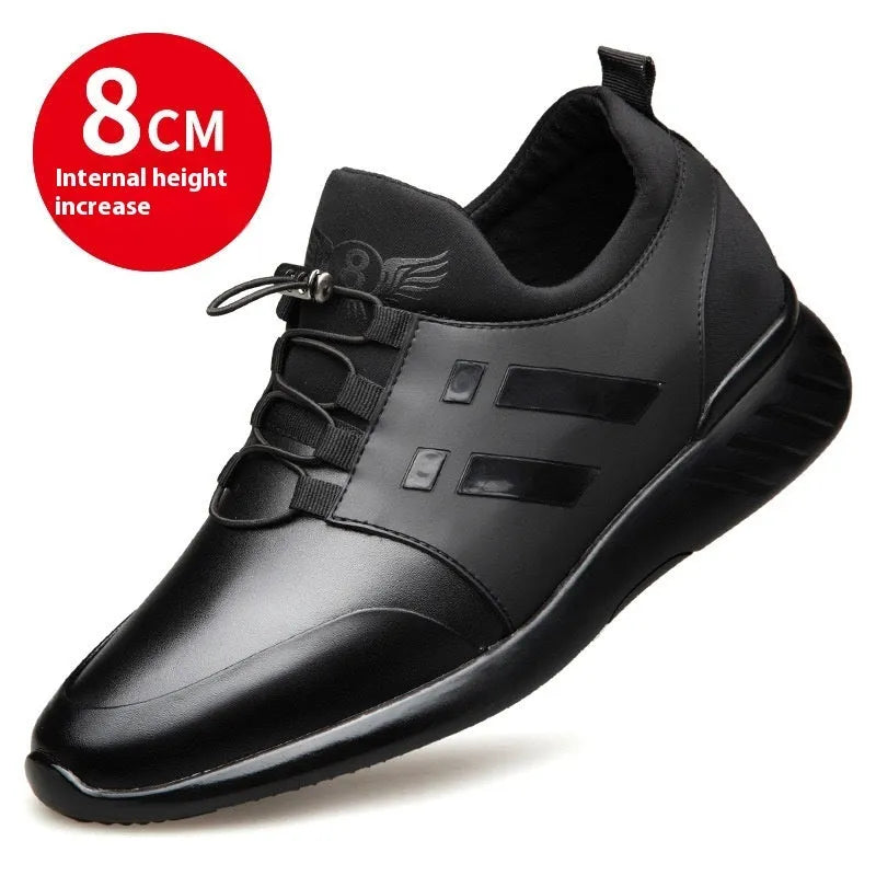 Men's black casual height increasing sneakers with genuine leather upper and hidden wedge heel