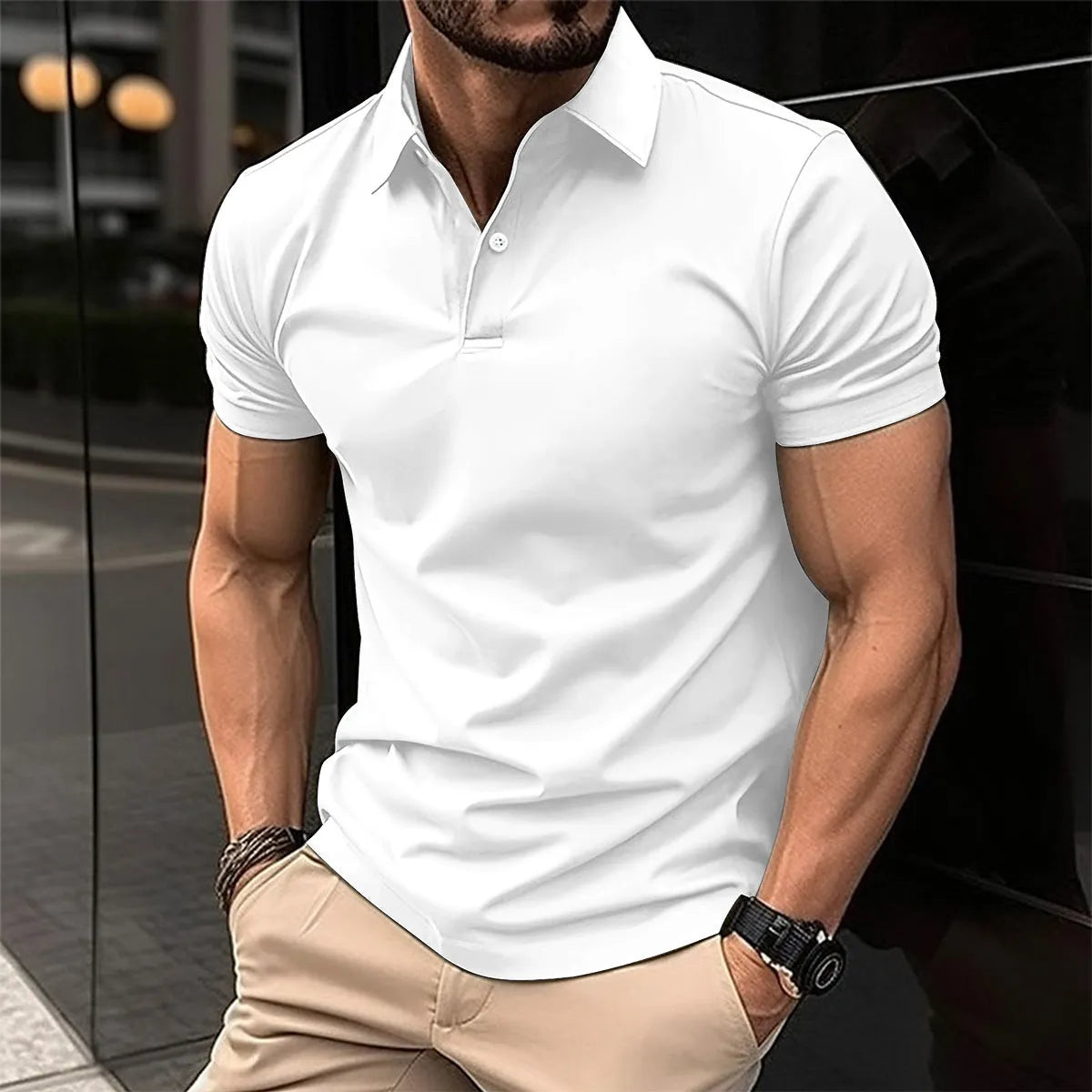 Men's solid colour short sleeve polo shirt with a button-down lapel collar, shown in a light green colour.
