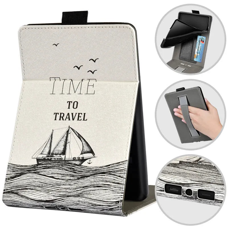 Painted leather-look TPU protective case for a 6-inch ereader, shown in a bracket-compatible business style.