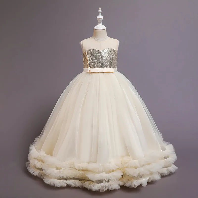 Children's sequined embroidered mesh princess tutu dress in colours including champagne, green, pink, purple, red, white – sizes 120-160cm