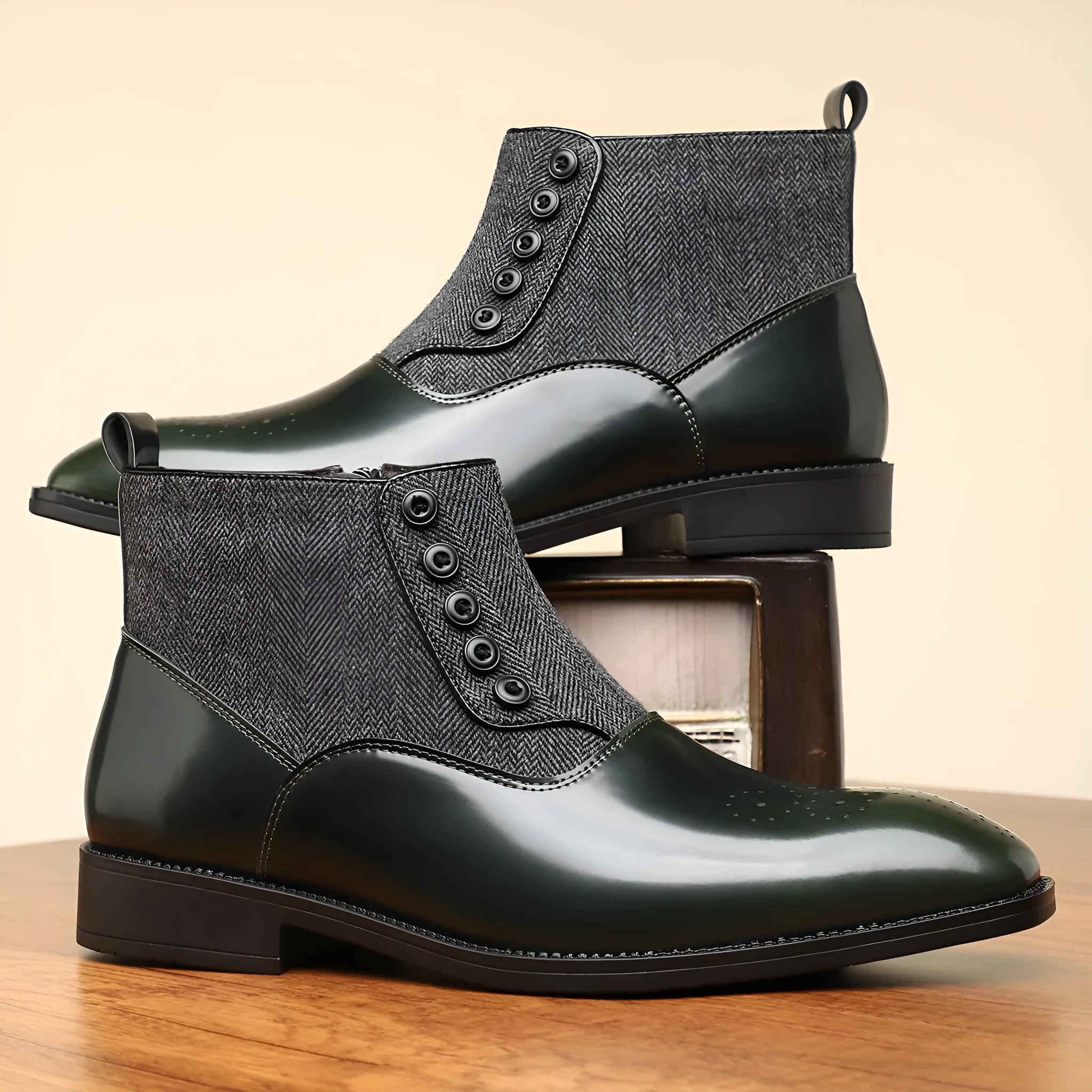 Men's brown retro-style formal leather shoes with side zipper and square toe on a white background.