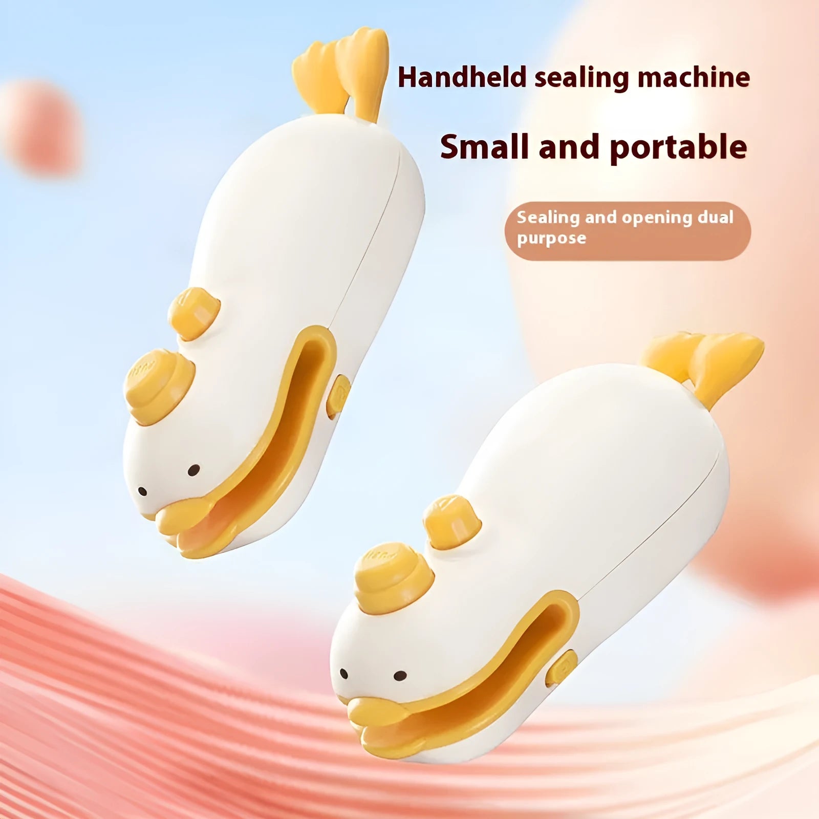 Yellow duck-shaped rechargeable handheld heat sealing machine with USB charging cable