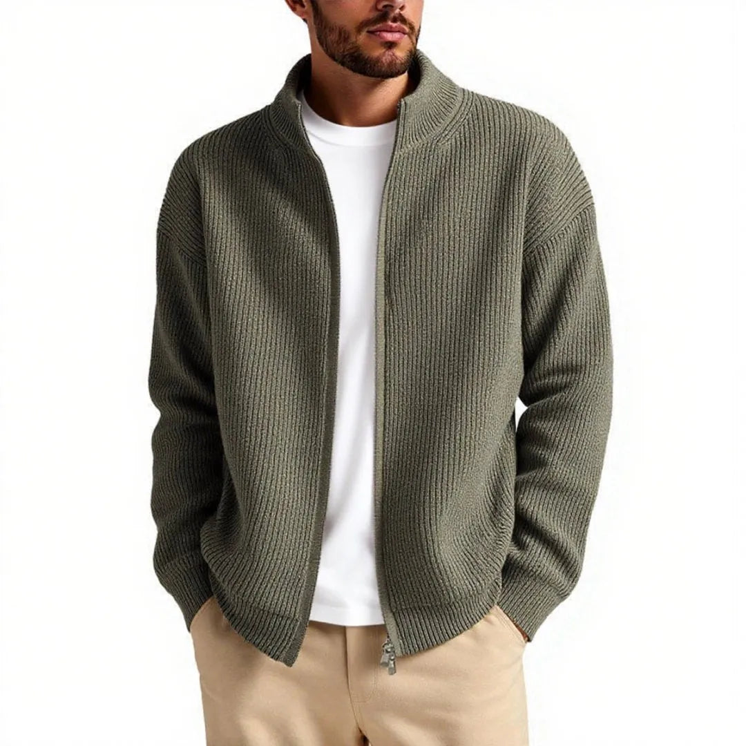 Men's loose-fit cardigan sweater coat in a grey colour, shown as a casual base layer.