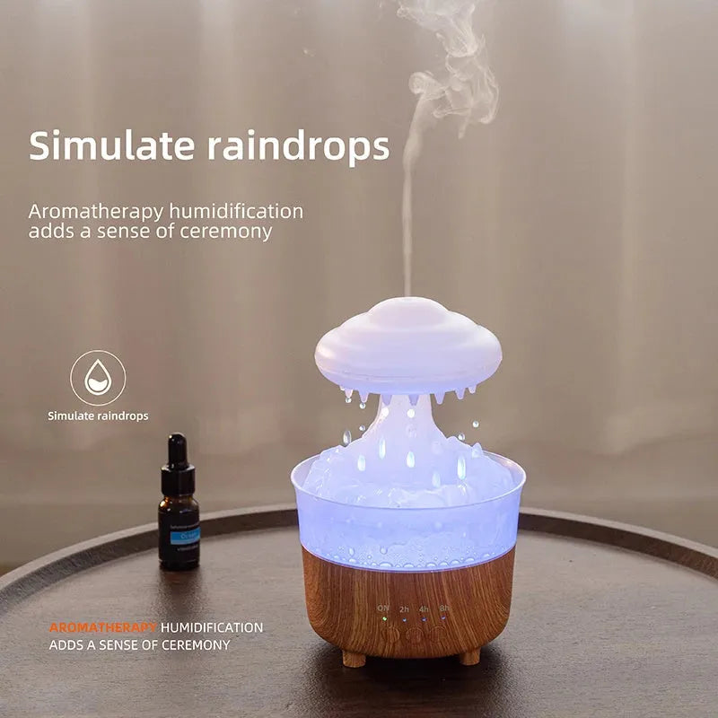 Wood grain cloud humidifier with LED lights emitting mist and water drops