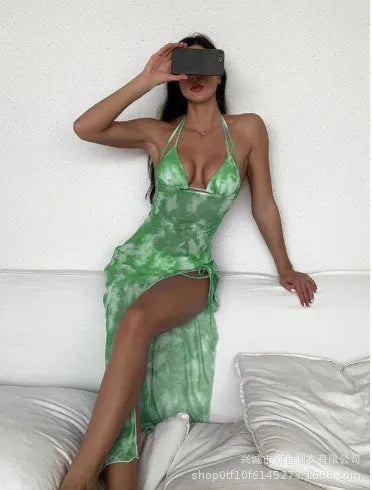Three-piece multicolor printed polyester bikini set in Pattern 12, available in sizes S to XL