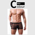 Men's low-waist mesh boxer briefs in thin sheer fabric, shown in multiple colours.
