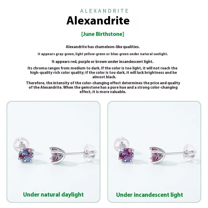 Simple geometric stud earrings with a round cultivate alexandrite stone on a 925 silver post.