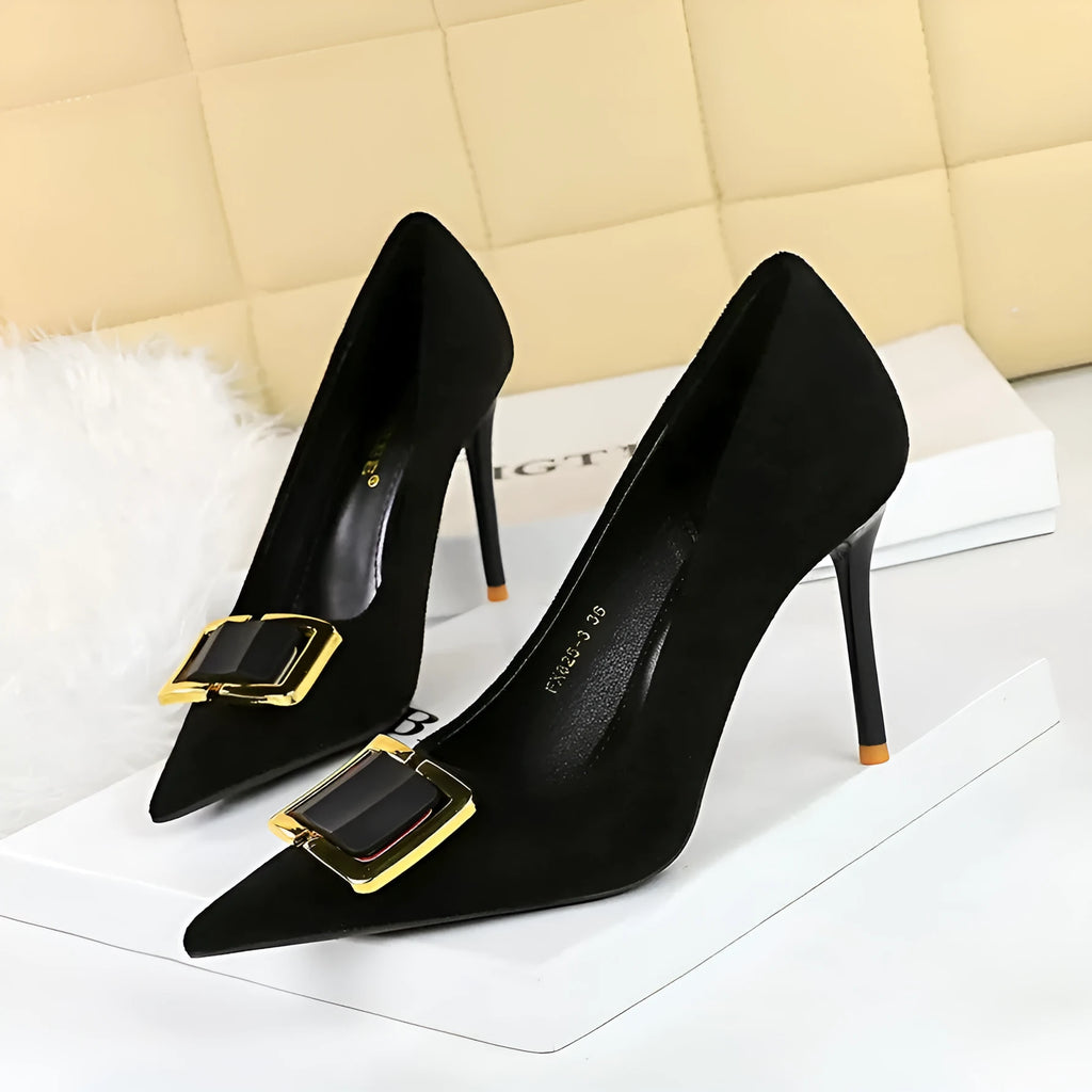 Black suede women's stiletto high heels with a pointed toe and a 9cm rubber sole.