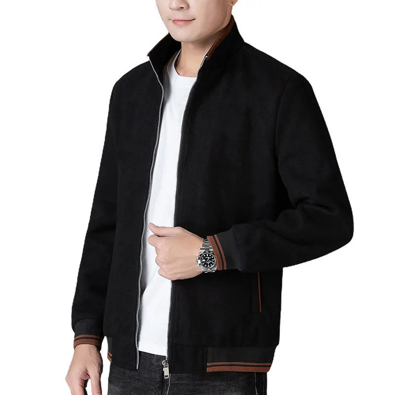 Men's grey polyester fleece autumn jacket with long sleeves and a stick pocket.