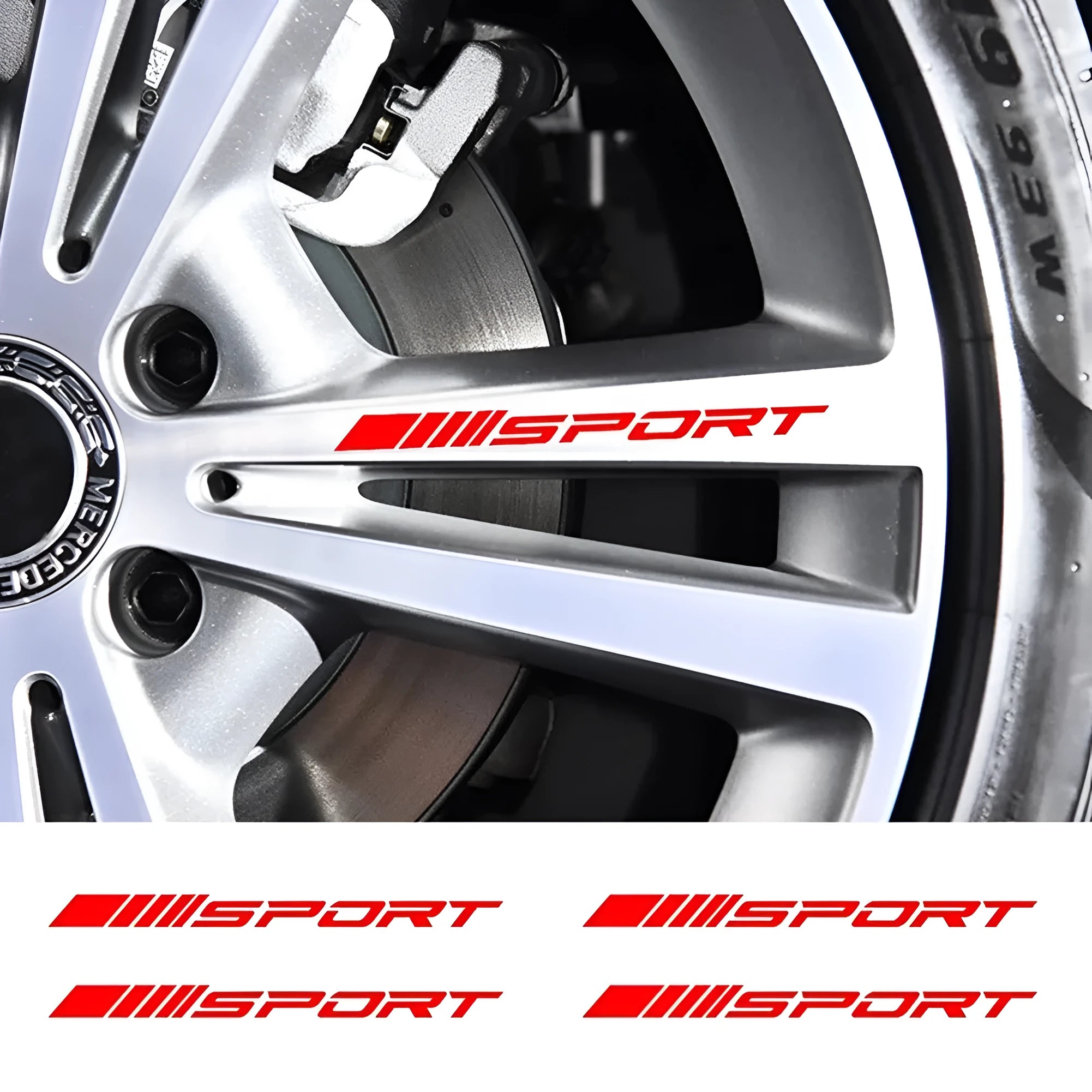 Hollow design red car rim sticker on alloy wheel, measuring 10cm long.