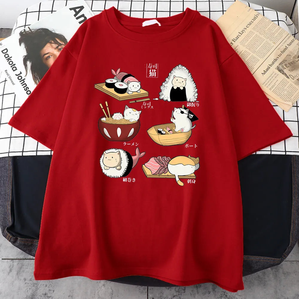 Men's black cotton t-shirt with cute cat sushi cartoon print design, short sleeves, loose fit