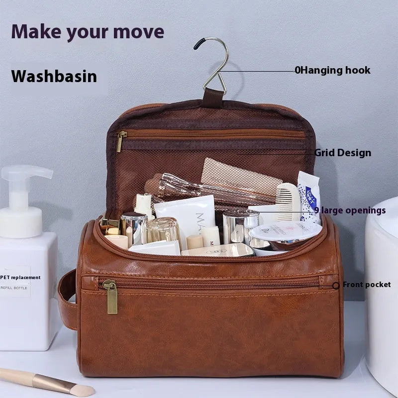 Large capacity waterproof cosmetic bag in retro style, available in PU leather or Oxford cloth materials.