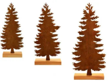 Three rusty iron Christmas decorations with elk and tree designs for rustic seasonal display