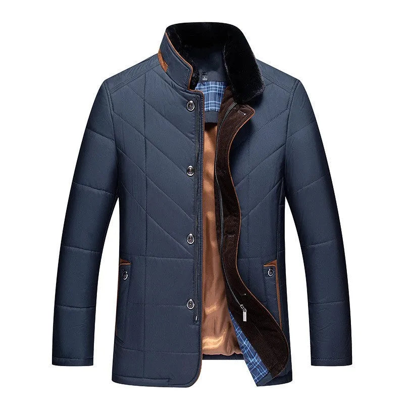 Men's winter short coat in dark blue colour with side seam pockets