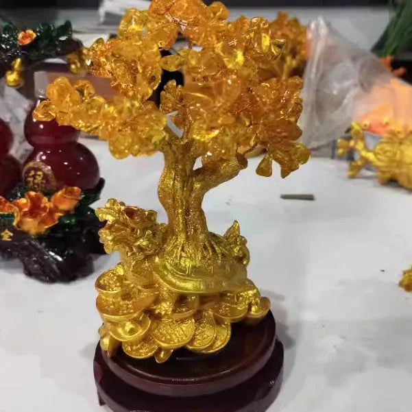 Citrine colour resin Feng Shui turtle money tree ornament in Chinese style