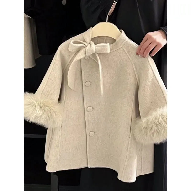 Beige Korean style single-breasted baby girl coat with long sleeves, mid-length cut, autumn winter wear