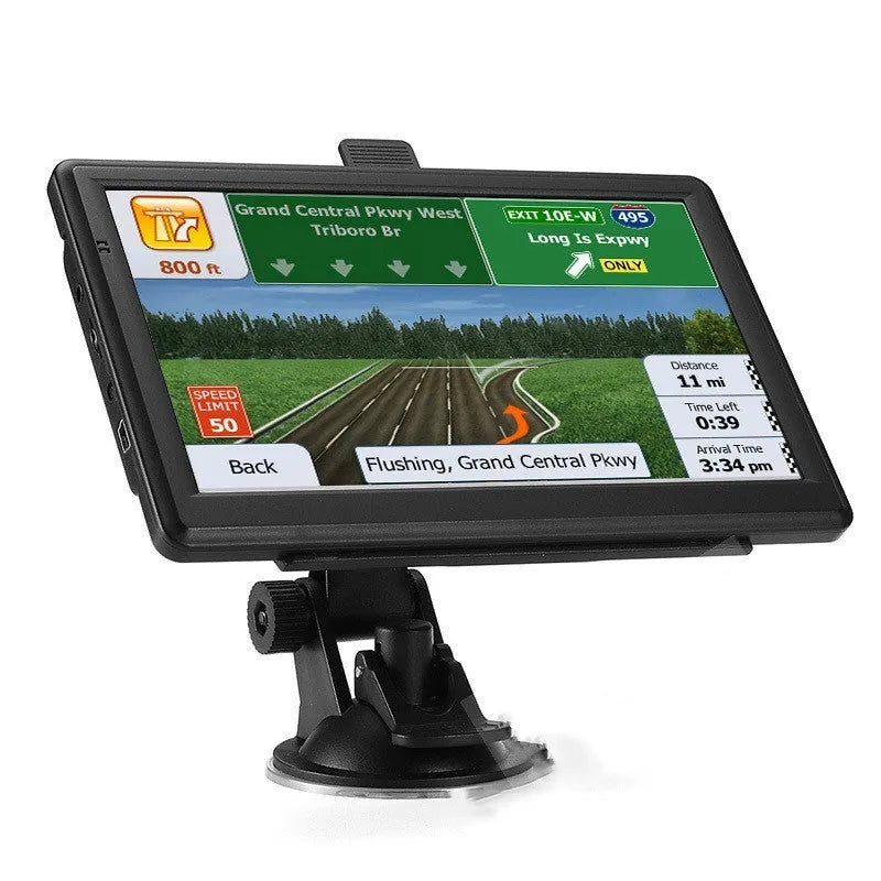 7-inch portable car GPS navigation device on dashboard with map display