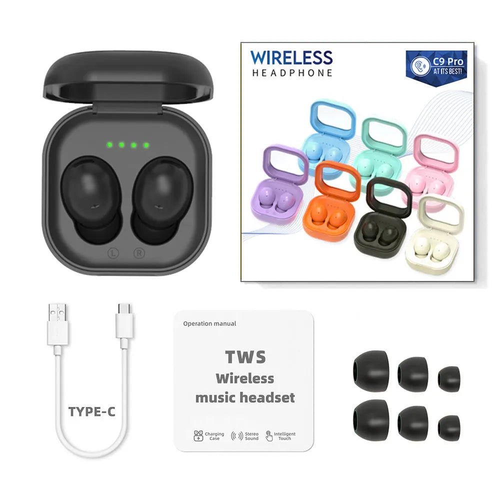 C9 Pro Bluetooth headset with translucent charging bin in a colour option