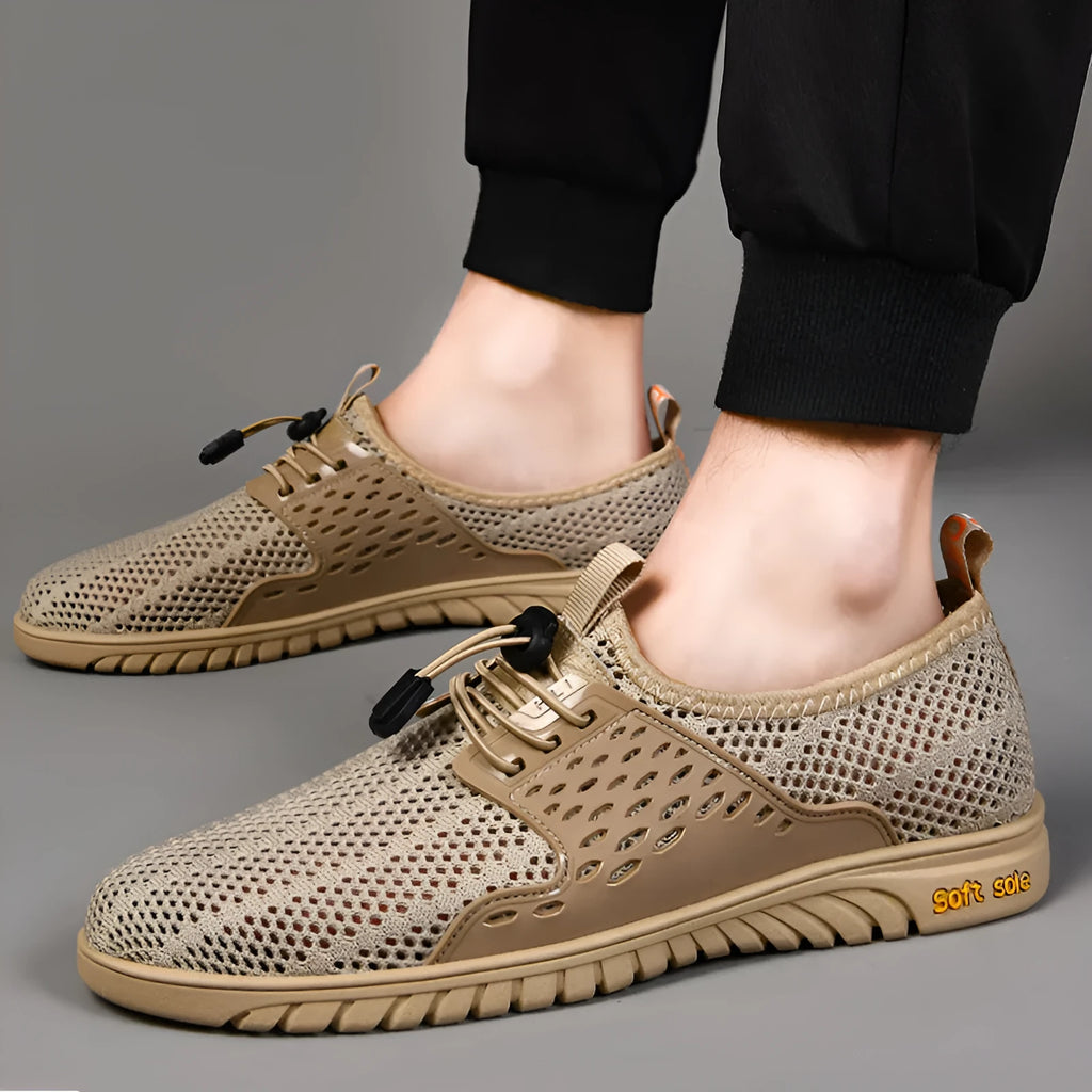Men's breathable casual shoes in sand colour with mesh upper and elastic band.