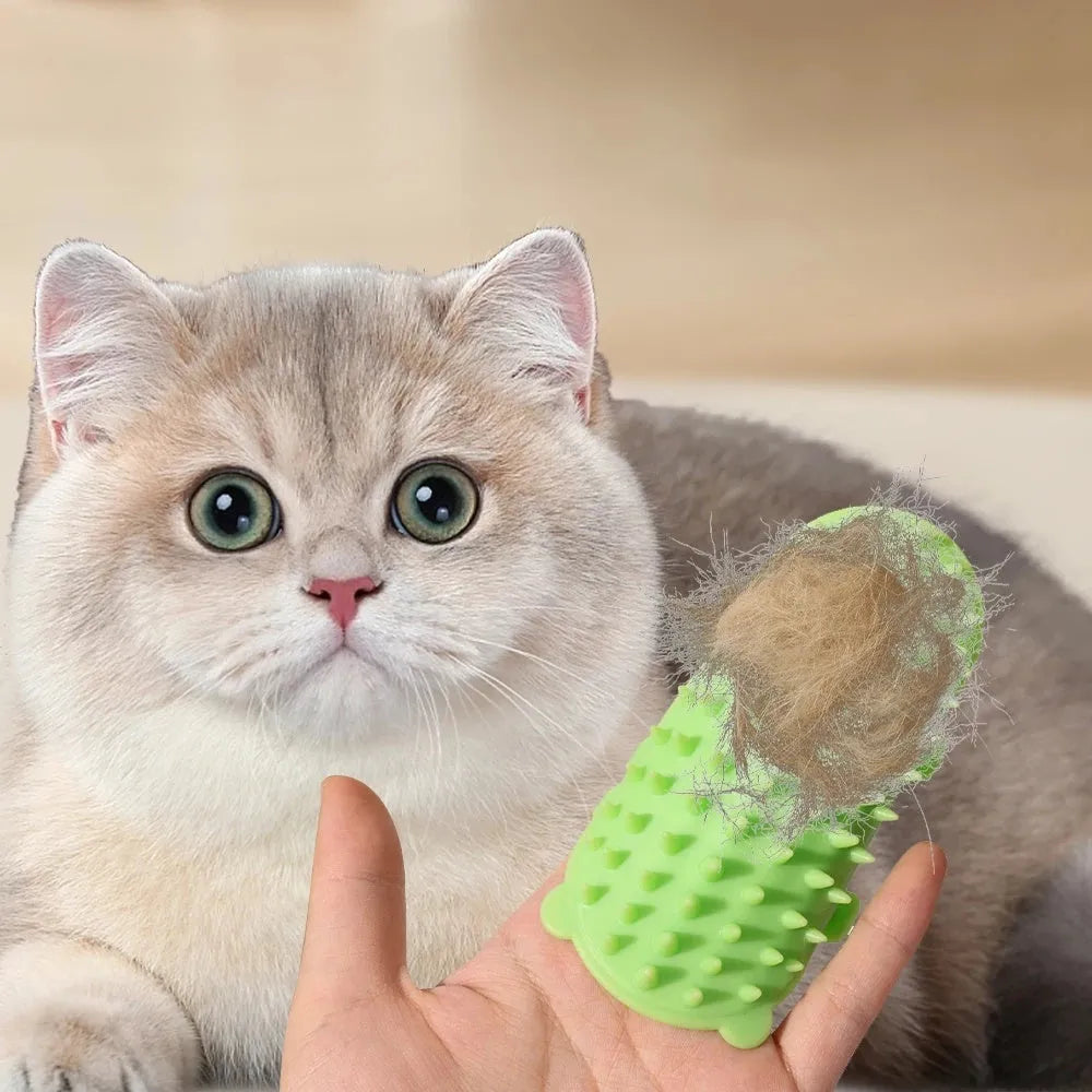 Silicone cat grooming brush mounted on table leg with adjustable strap, available in four colours