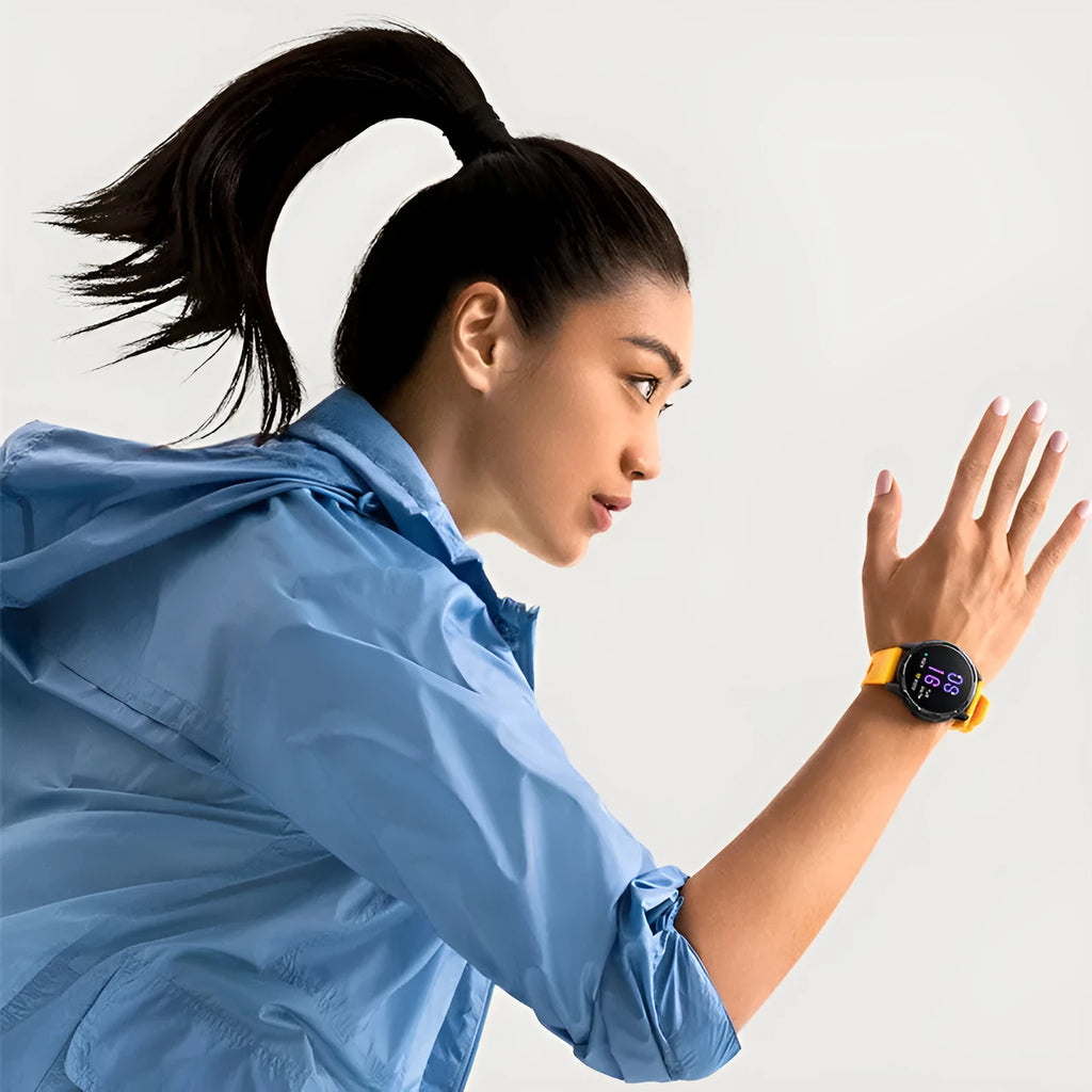 Dual-band GPS smart watch with 1.43-inch touchscreen on a silicone strap in blue, showing fitness tracking interface.