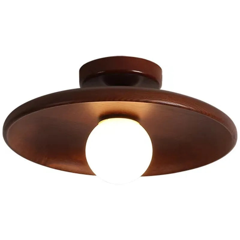 Japanese-style solid wood ceiling lamp in walnut finish with circular shade, 28cm diameter, mounted on ceiling