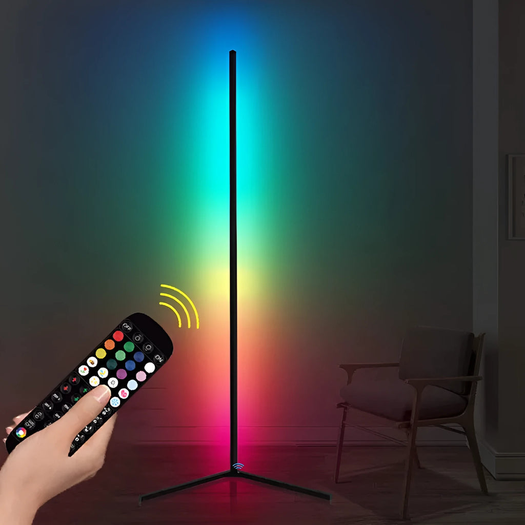 Black smart floor lamp with RGB lighting and remote control for bedroom atmospheric illumination