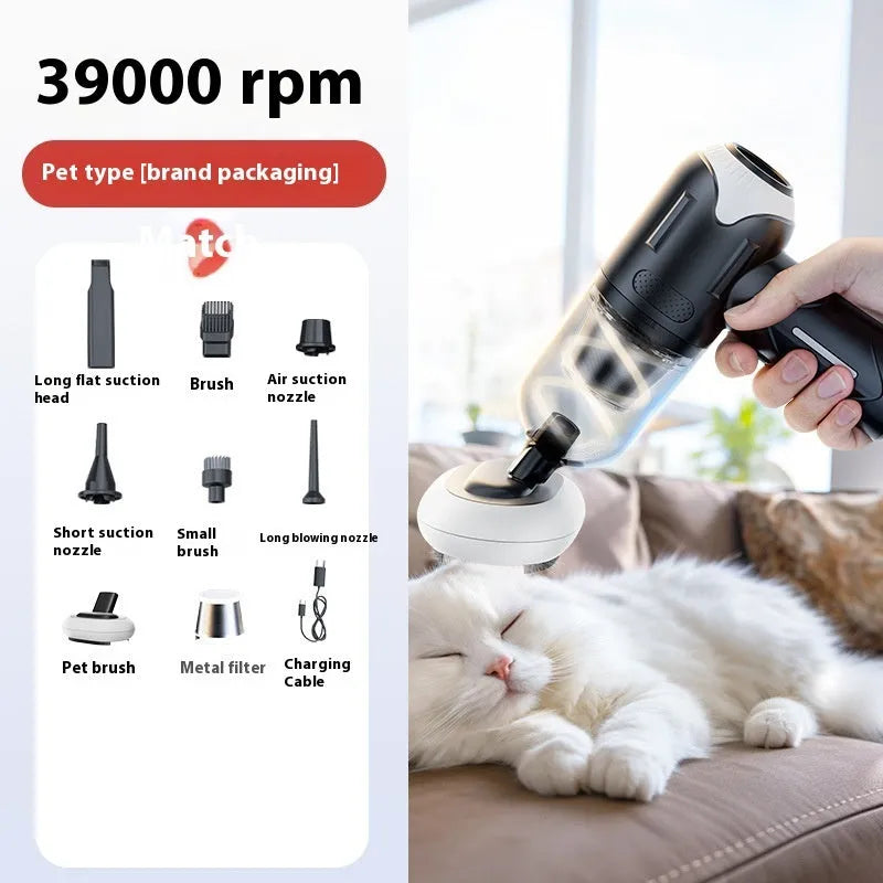 Handheld wireless pet hair vacuum cleaner with brush attachment and charging cable