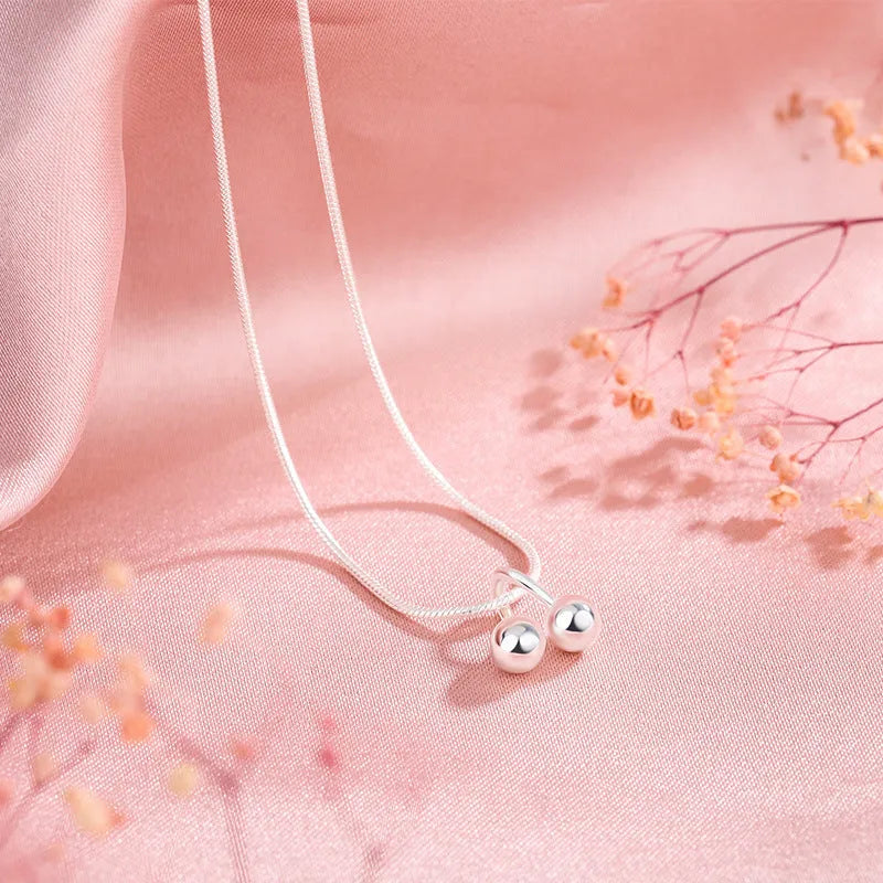 Silver cherry necklace with adjustable snake bones chain and Korean style design
