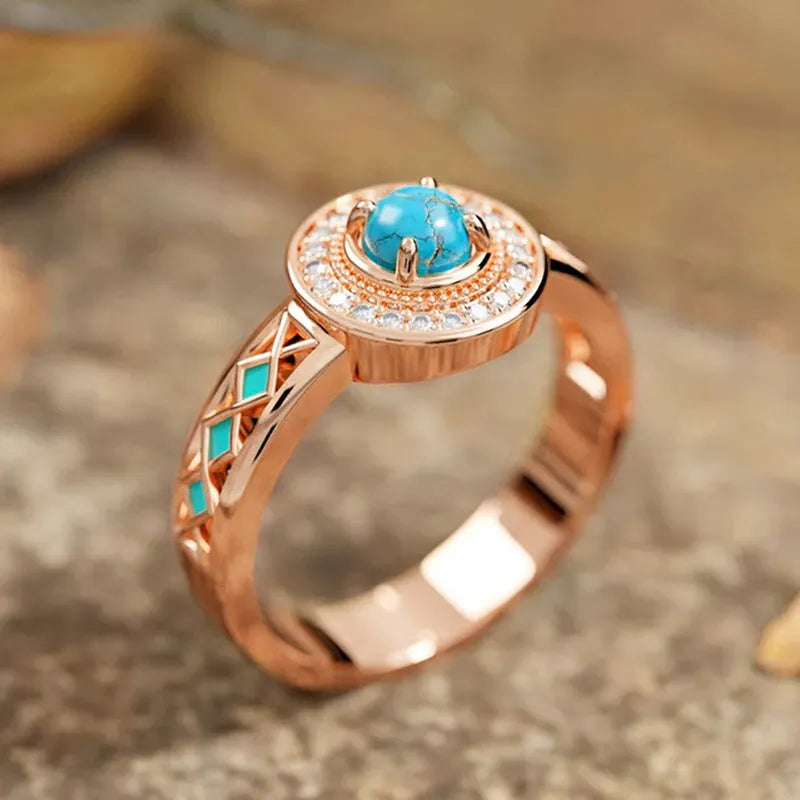 Women's turquoise ethnic style ring with geometric quadrangle design in rose gold on copper