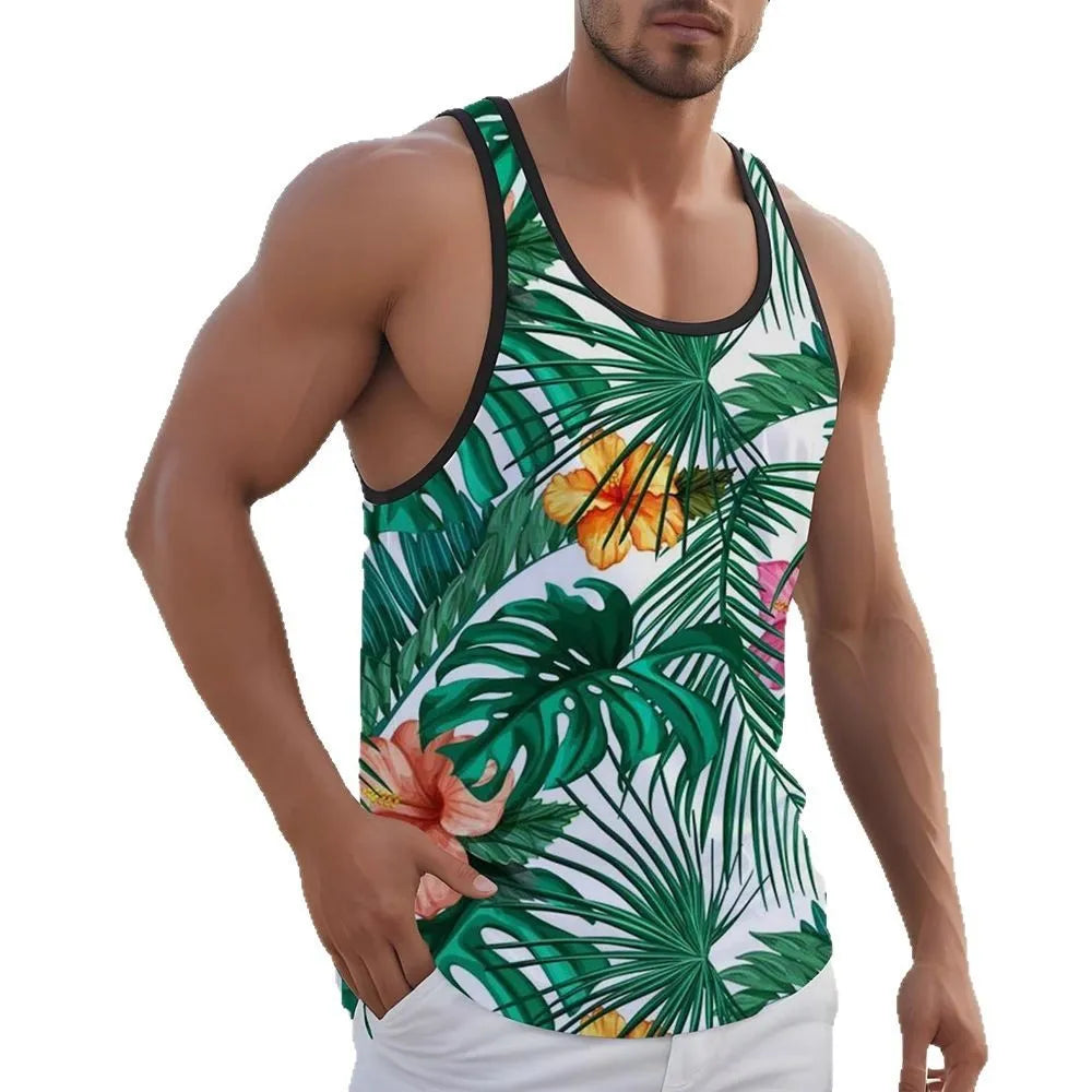 3D printed Hawaiian style men's sleeveless vest tank top in solid colour on polyester fabric