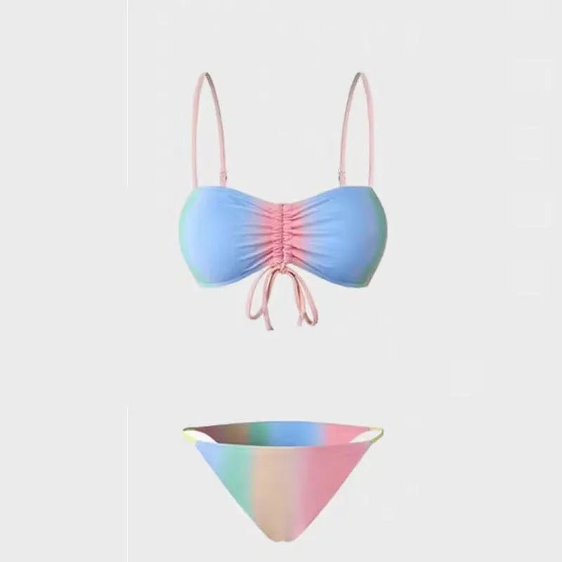 Women's lace-up triangle bikini swimsuit set in a colour-matching design.