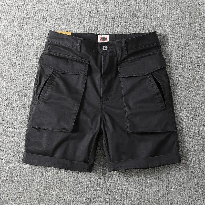 Men's cotton cargo shorts with stretch fabric in khaki colour, showing multiple pockets and straight-leg cut.