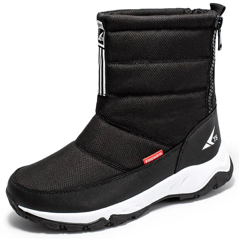 Men's waterproof snow boots with fleece lining, canvas upper, side zipper, and mid heel in multiple winter colours