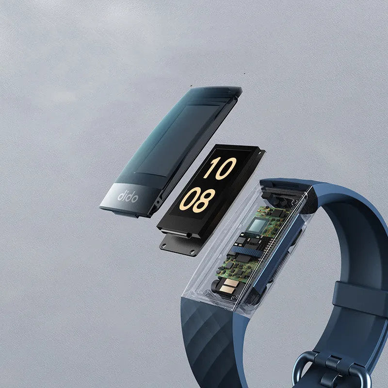 Y6 Black smart bracelet with health monitoring on a wrist, showing the 1.1-inch touchscreen.