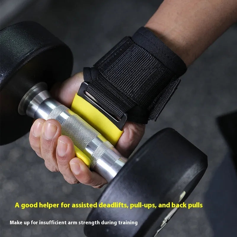 Horizontal bar pull-up power assist grip hook in black for weightlifting training with padded wrist support