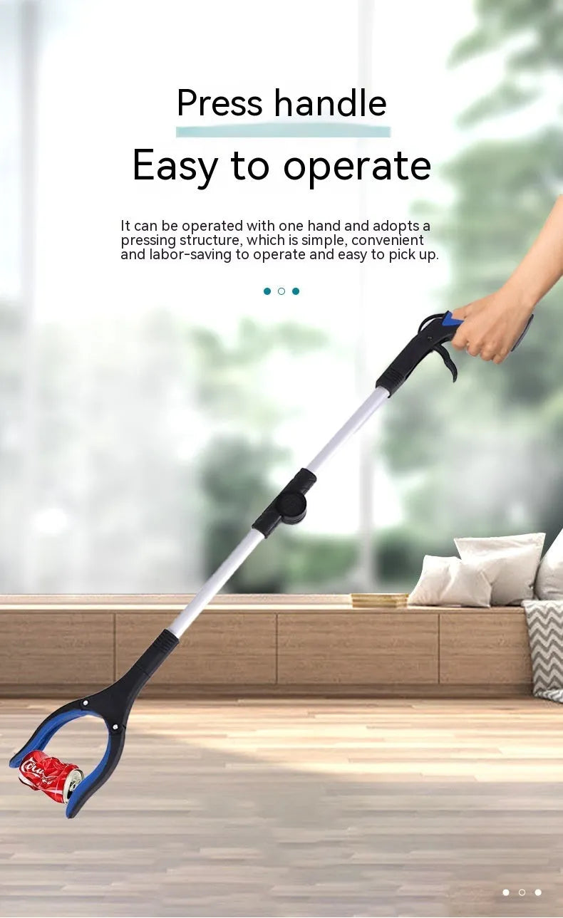 Silver folding aluminium garbage pick-up clamp with magnet and blue handle extended to 80cm.