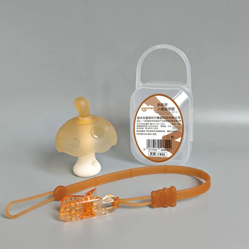 Small mushroom-shaped chewing gum in pink or nano colour with transparent box and optional chain.