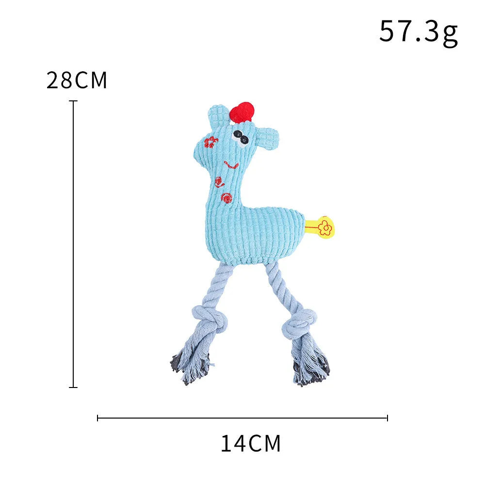 Deer-shaped plush pet toy with corn grain texture in blue, pink and yellow colour options