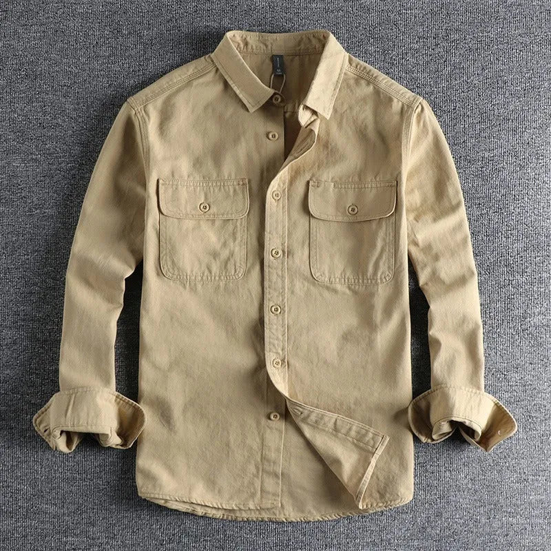 Men's loose cardigan-style long sleeve shirt in light grey, black, khaki or green colours