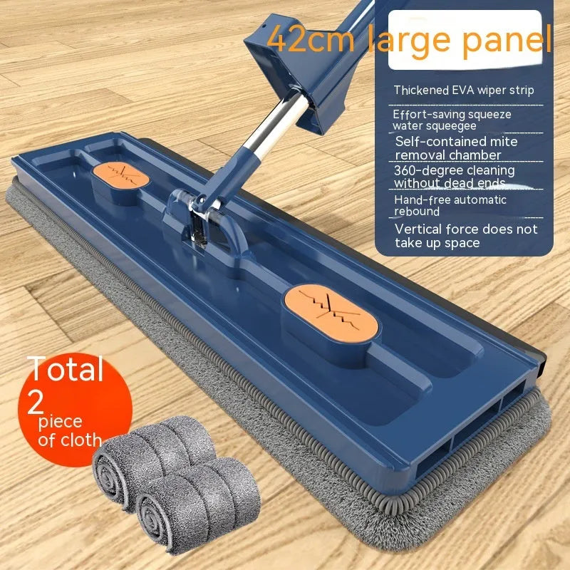 Large flat mop with long stainless steel handle and blue/white cloths on a hard floor.
