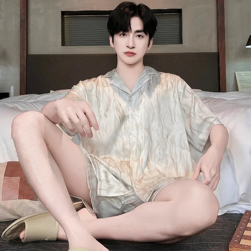 Men's lightweight ice silk pajama set in cardigan style with shorts and satin jacquard patterns