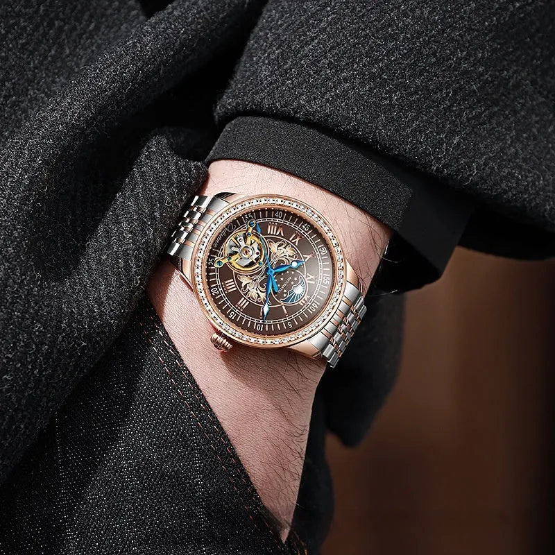 Men's stainless steel waterproof mechanical watch with a round dial and transparent case back.