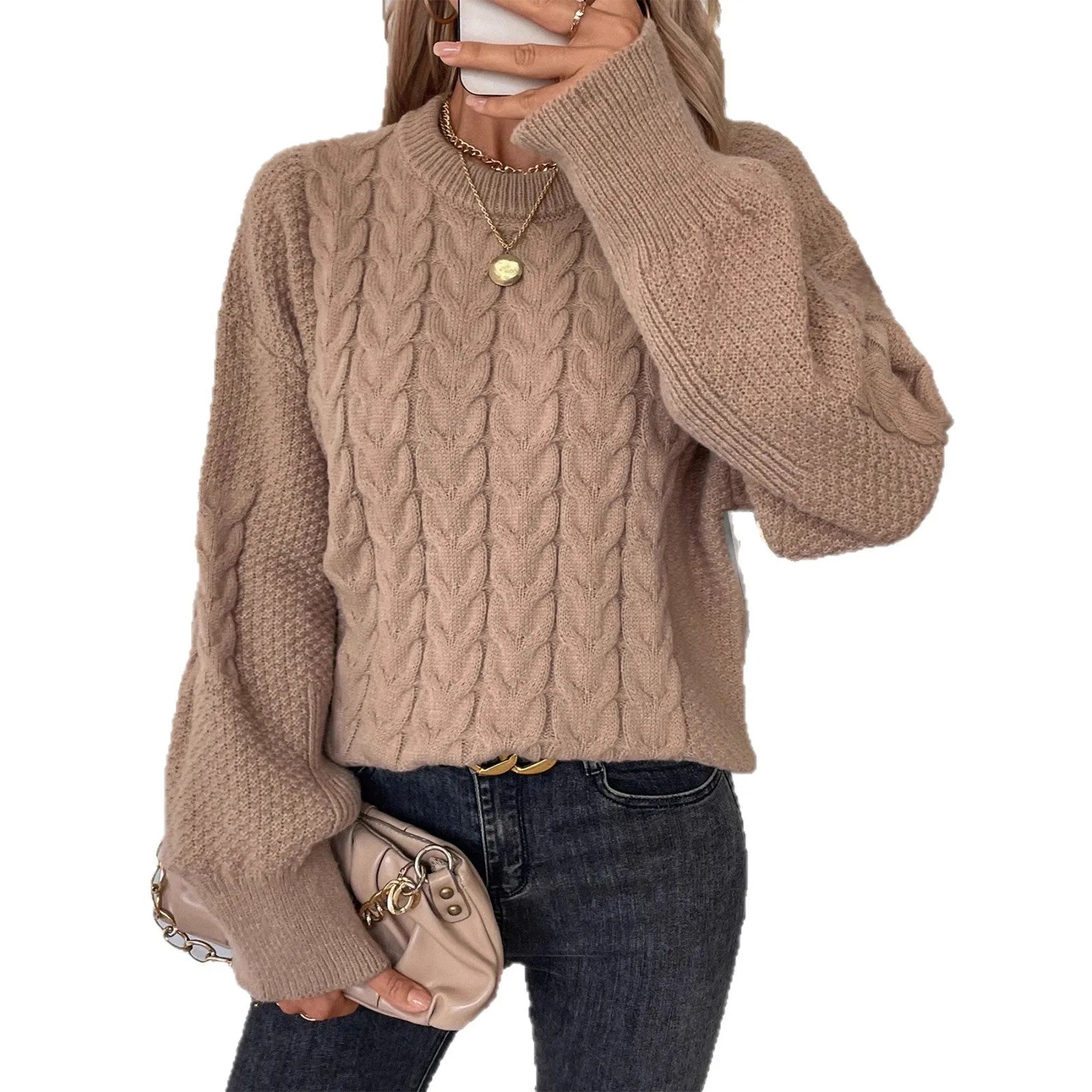 Women's beige casual sweater with twist detail and round neckline