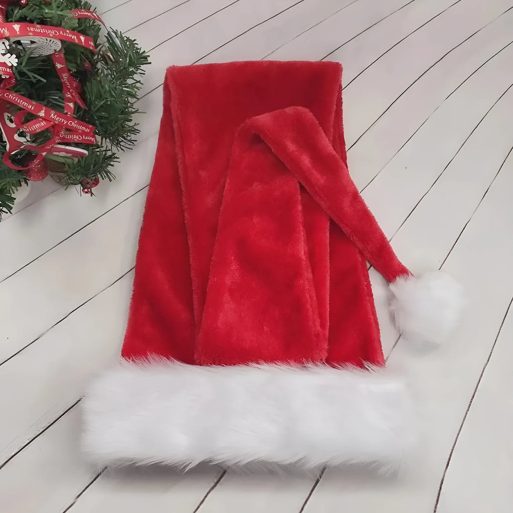 Extra long 1.5m polyester plush Christmas hat in red, with long tapered shape
