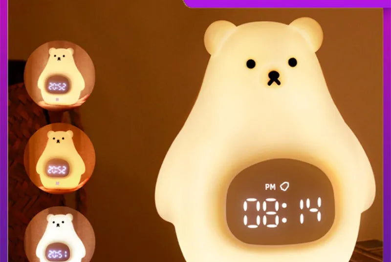 White silicone bear-shaped night light with a remote control on a wooden surface.