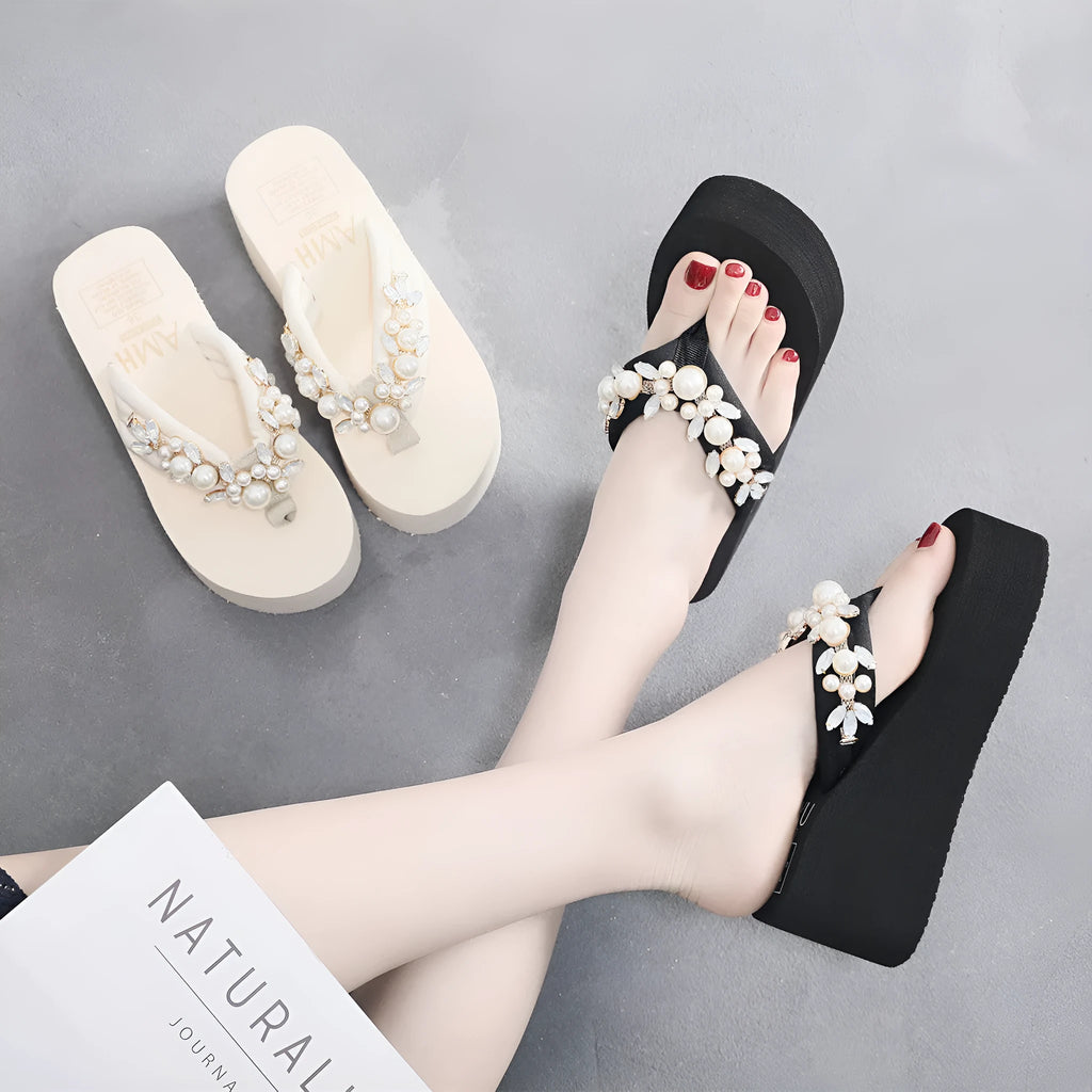 Women's high-heeled flip-flops in black or beige with cotton cloth upper