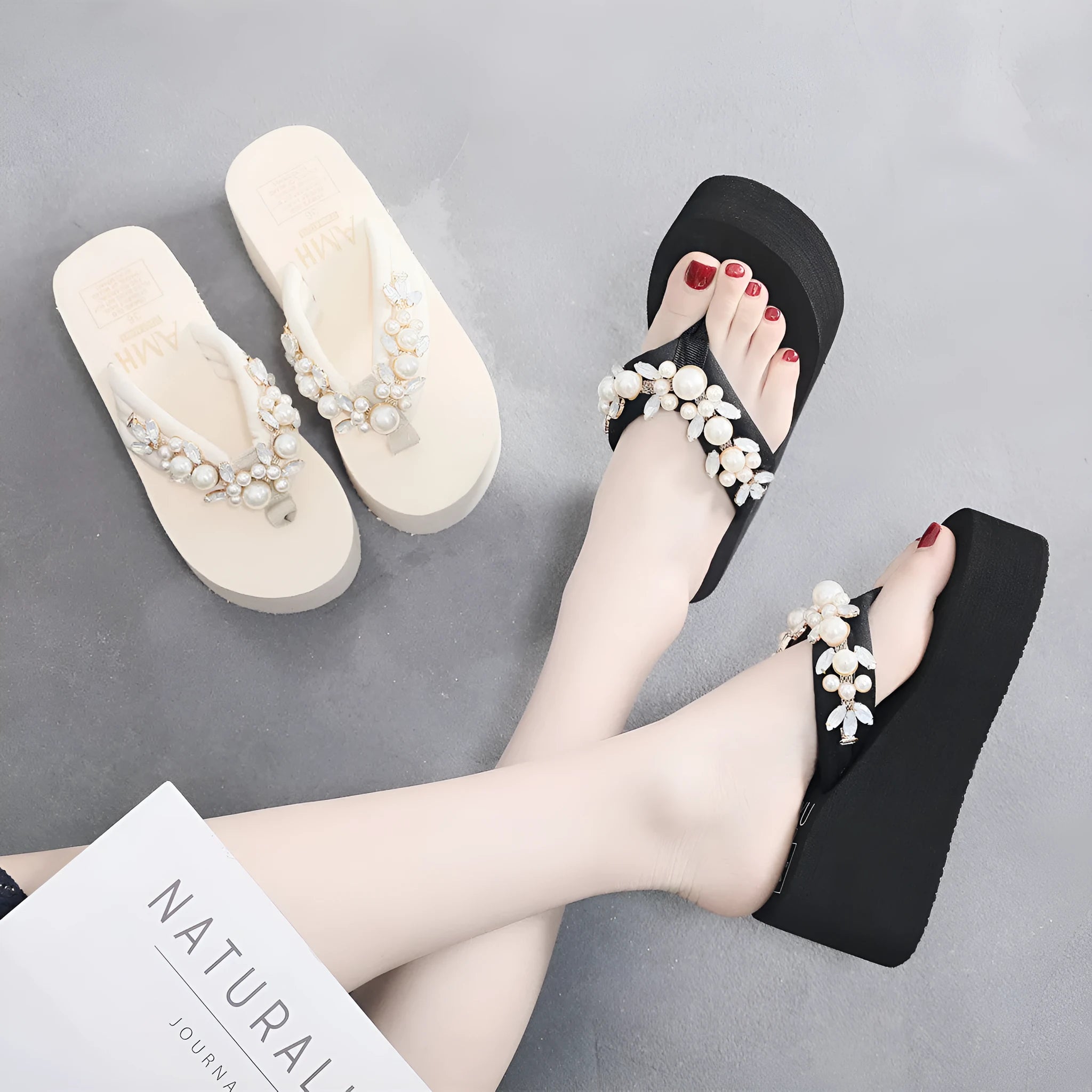 Women's high-heeled flip-flops in black or beige with cotton cloth upper