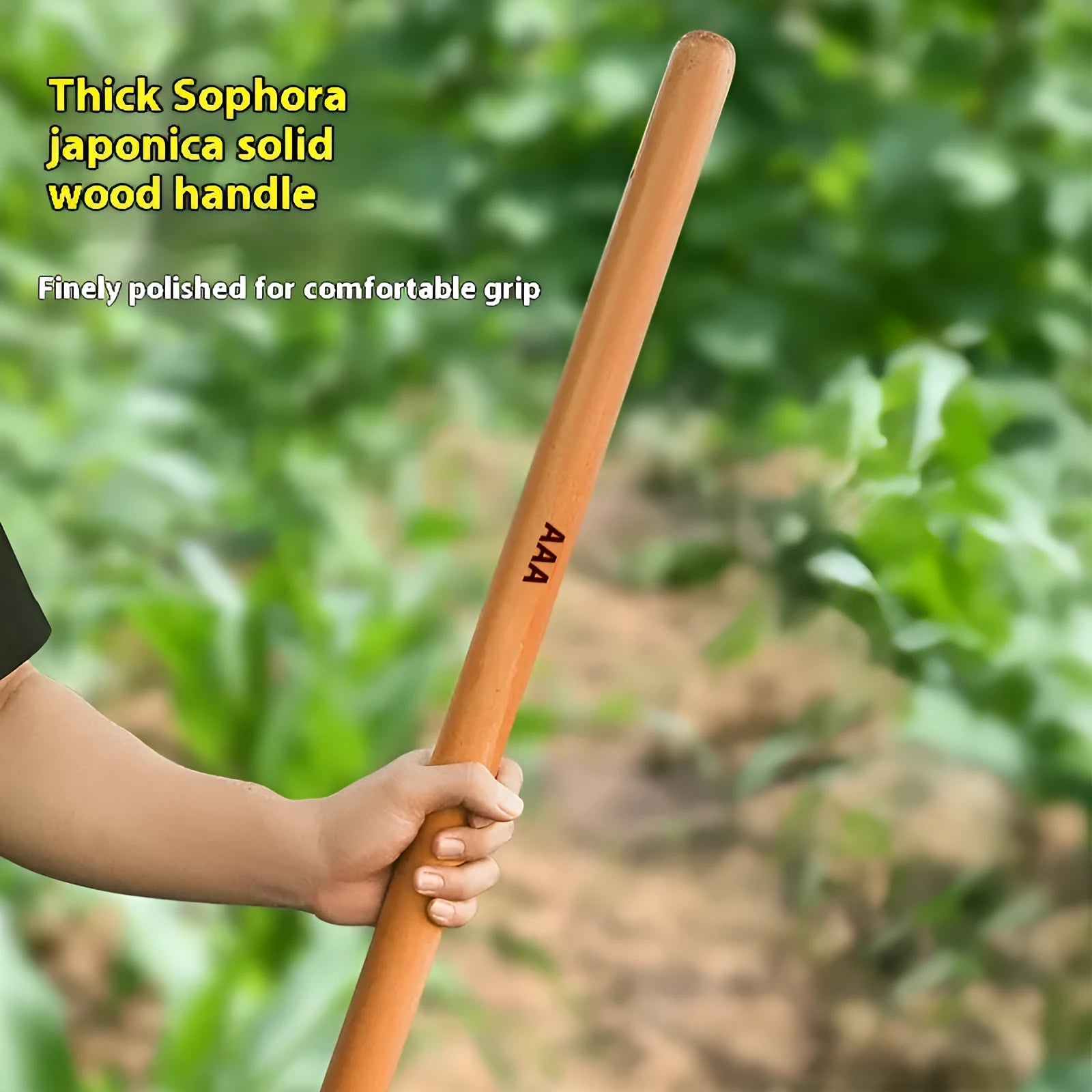 Locust wood tool handles for axes, hoes, and sickles in various lengths on a wooden surface.